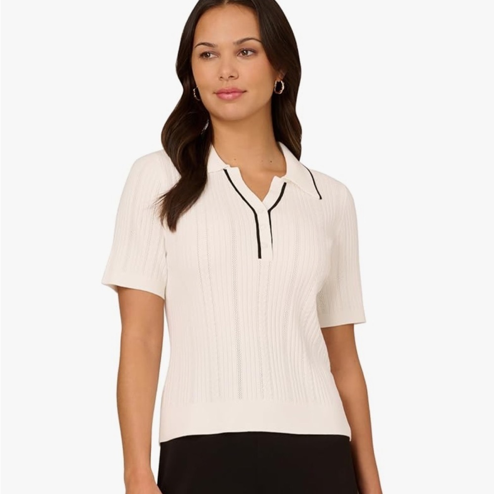 Adrianna Papell OpenV-Neck Polo Mix Rib Cable Knit Short Sleeve Large